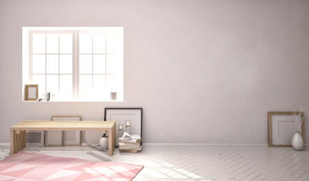 3d illustration, loft interior with bench, frames and vase. mock upの写真素材