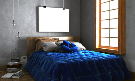 Mock up poster in bedroom interior. Bedroom hipster style. 3d illustrationの写真素材