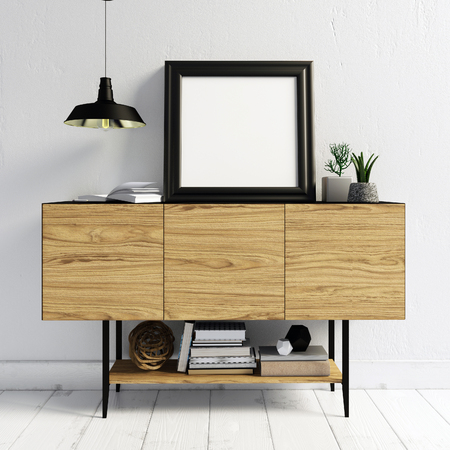 3d illustration, modern interior with credenza, poster and lamp. poster mock upの写真素材