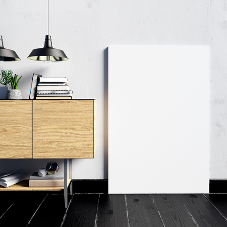 3d illustration, modern interior with credenza, poster and lamp. poster mock upの写真素材