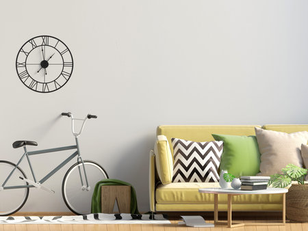 Modern interior with coffee table and sofa. Wall mock up. 3d illustration.