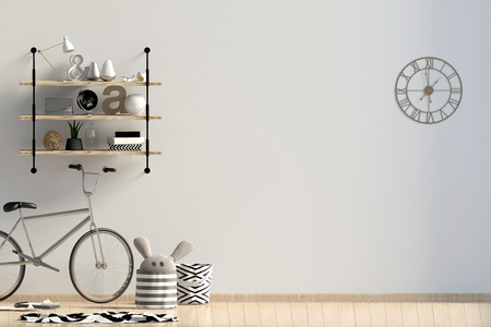 Modern interior design in Scandinavian style with shelf and bike. Mock up wall. 3D illustration.の写真素材