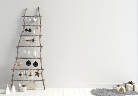 Modern minimalistic Christmas interior, Scandinavian style. 3D illustration. wall mock upの写真素材