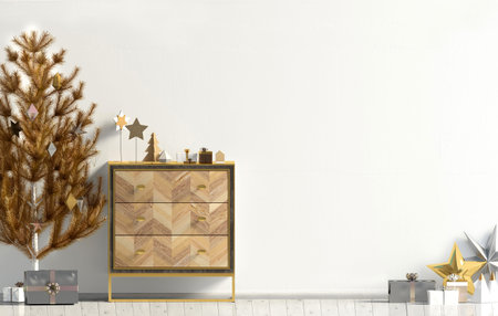 Modern Christmas interior with dresser and Christmas tree, Scandinavian style. Wall mock up. 3D illustrationの写真素材