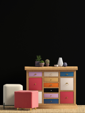 Modern interior with dresser. Wall mock up. 3d illustration.の写真素材