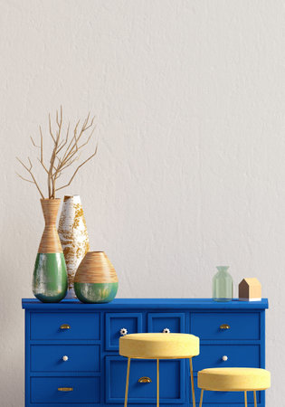 Modern interior with dresser. Wall mock up. 3d illustration.