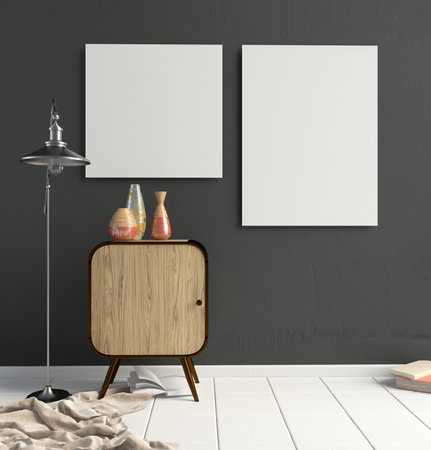 Modern interior with locker. Poster mock up. 3d illustration.