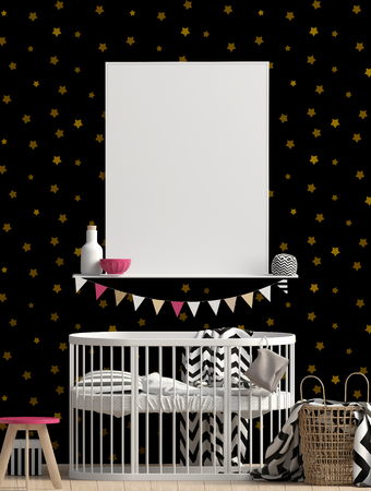 Mock up poster in interior of the child. sleeping place. modern style. 3d illustrationの写真素材