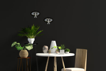 Mock up wall in interior with dining area. living room modern style. 3d illustration