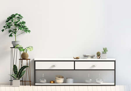 Modern interior with rack and plant.Wall mock up. 3d illustrationの写真素材