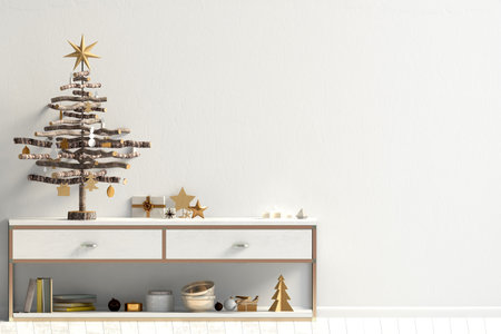 Modern Christmas interior with credenza, Scandinavian style. Wall mock up. 3D illustrationの写真素材