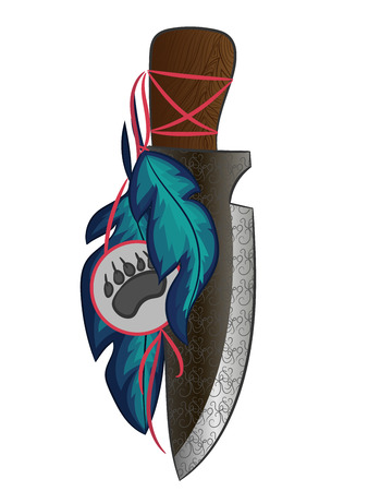Knife with a talisman of feathers and a print of the bear's pawのイラスト素材