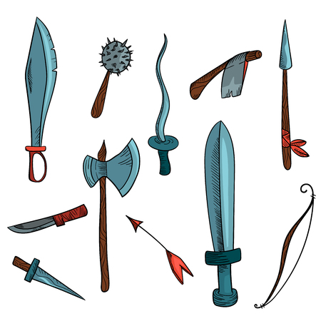 Hand drawn hatching weapon set. Big sword, rapire, mace, axe, bow + arrow, dagger, knife. Eleven objects. Cartoon style.のイラスト素材