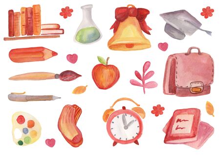 Watercolor school set. Watercolor isolated school supplies for your decoration.の写真素材