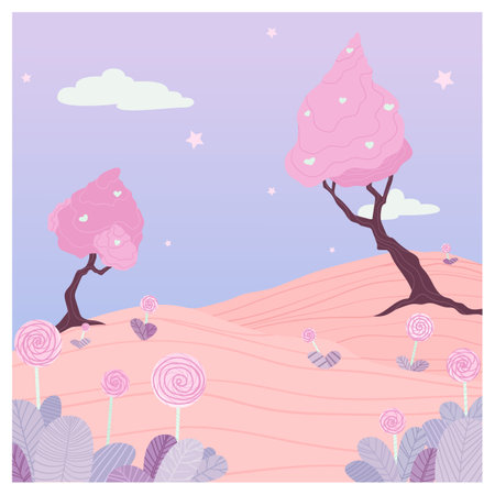 Illustration of sweet meadow with sugar trees and growing caramels.のイラスト素材