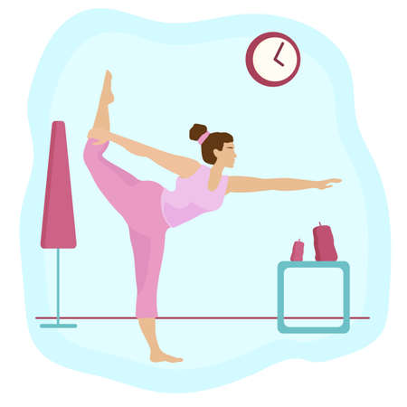 Body positive. A lady is doing yoga at home. Online home workout concept. Attractive overweight woman.のイラスト素材