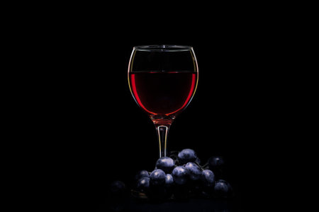 Glass with wine and grapes on a black background. Glass with wine on a black background and black...