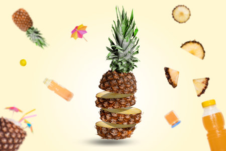 Fresh juicy pineapple flies, cut into slices on a pastel yellow background. Fruits and drinks are flying in the background. Creative fruit mockup.の写真素材