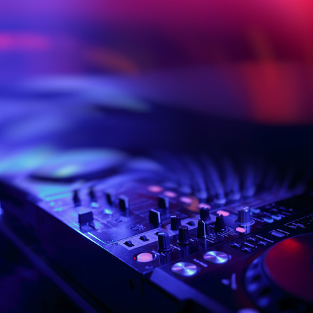 DJ mixer with light colored spotlights discos, shallow depth of field and beautiful swirling bokehの写真素材