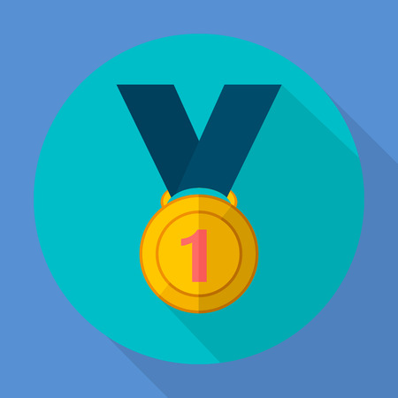Gold medal icon flat design. Gold medal icon. Vector icons in flat design on the theme sport.  Vector fitness icon. Flat Style Icon with Long Shadow. Gold medal for first place. Gold medal flat iconのイラスト素材