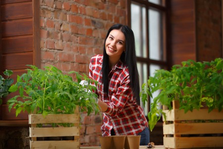 Her happy place. Portrait of a charming young female gardening indoors smiling to the camera cheerfully.の写真素材