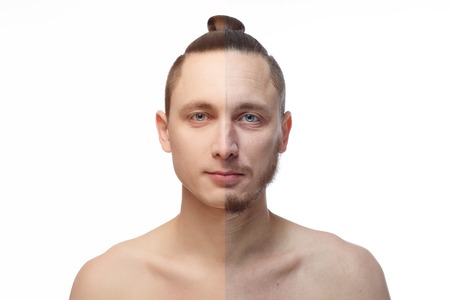 shaved. Handsome young man with half shaved face looking at camera. Half face man with an aged skin. Before and after cosmetic or plastic procedure, anti-age therapy.の写真素材