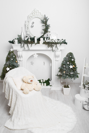 Christmas home interior in white and green. Christmas decoration in white and green.の写真素材