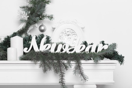 Christmas decoration in white and green. Christmas home interior in white and greenの写真素材