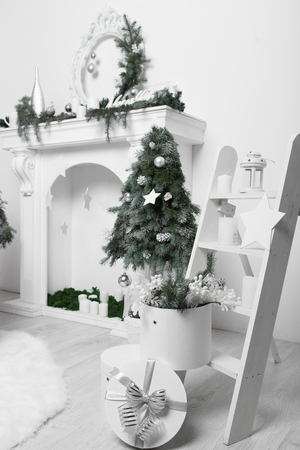 Christmas home interior in white and green. Christmas decoration in white and green.の写真素材