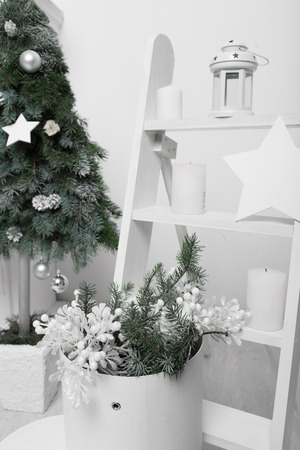 Christmas home interior in white and green. Christmas decoration in white and green.の写真素材