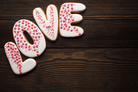 Cookies decorated with sweet sugar mastic in red, white and violet colors for Valentines day. Red gingerbreads hearts and word 'Love' on wooden background. の写真素材