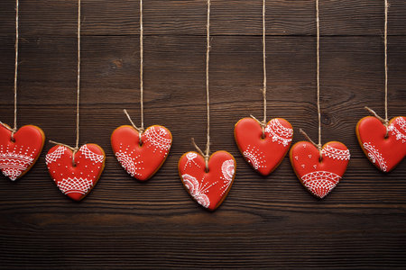 Line of red gingerbreads hearts on ribbon.