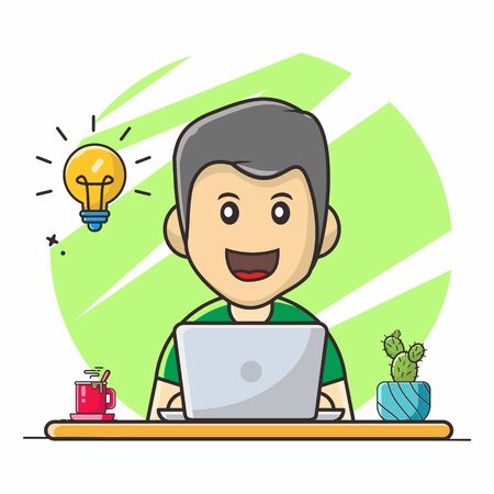 Man cartoon character work and study from home with laptopのイラスト素材