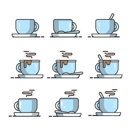 set of blue coffee cups and spoonのイラスト素材