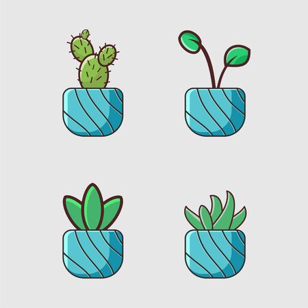 set of green plant eco in flower pot icons vector illustrationのイラスト素材