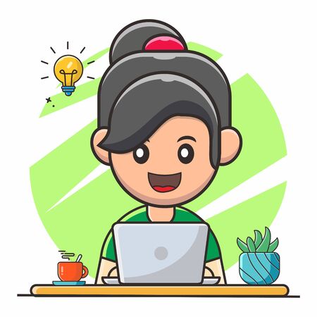 Woman cartoon character work and study from home with laptop vector illustrationのイラスト素材