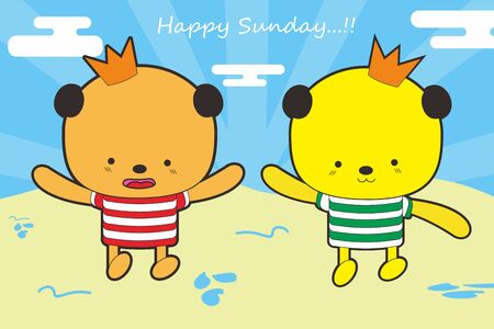Crtoon Happy Sunday with Two kids character on the beach Vector illustrtionのイラスト素材
