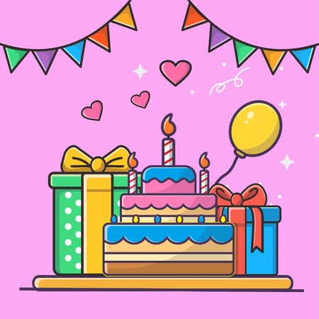 Vector illustration of birthday delicious cake with triangel flag and balloonのイラスト素材