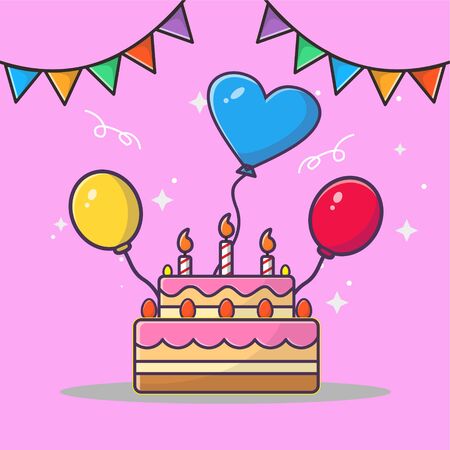 Vector illustration of birthday delicious cake with triangel flag and balloonのイラスト素材