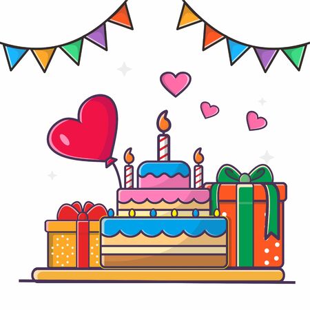 Vector illustration of birthday delicious cake with gift and baloonのイラスト素材
