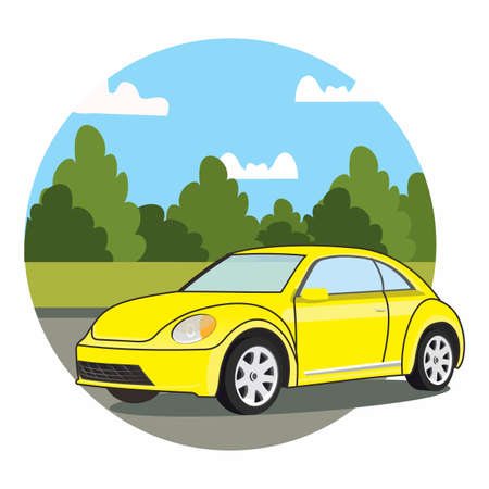 vector of a yellow classic car on the roadのイラスト素材