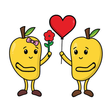 cartoon yellow mango couple falling in love with flowers and love balloonsのイラスト素材