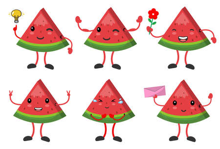 Set Cartoon watermelon with various emotions poseのイラスト素材