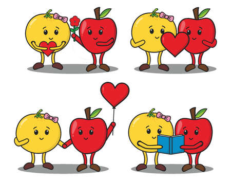 Set cartoon cute couple orange and apple fall loveのイラスト素材