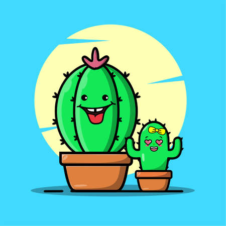 Vector cartoon illustrations of green cactus with happy and making love emotions. Funny emotions character collection for kids. Fantasy characters.のイラスト素材
