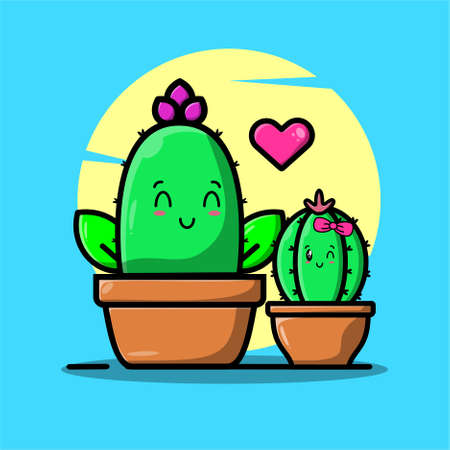 Vector cartoon illustrations of green cactus with happy and making love emotions. Funny emotions character collection for kids. Fantasy characters.のイラスト素材