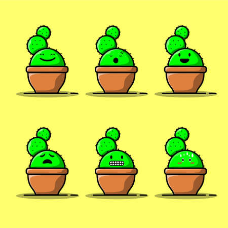 Set Vector cartoon illustrations of green cactus with emotions. Funny emotions character collection for kids. Fantasy characters.のイラスト素材