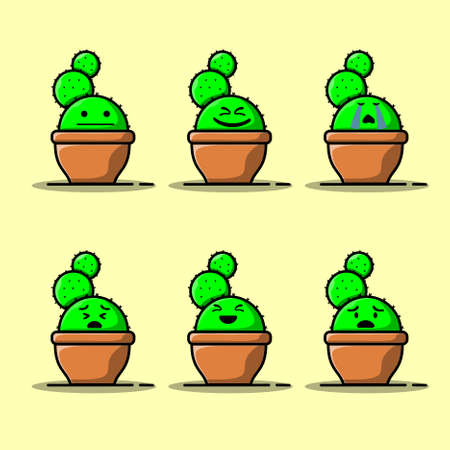 Set Vector cartoon illustrations of green cactus with emotions. Funny emotions character collection for kids. Fantasy characters.のイラスト素材