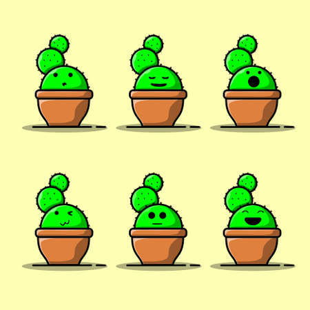Set Vector cartoon illustrations of green cactus with emotions. Funny emotions character collection for kids. Fantasy characters.のイラスト素材