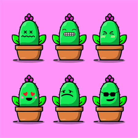 Set Vector cartoon illustrations of green cactus with emotions. Funny emotions character collection for kids. Fantasy characters.のイラスト素材